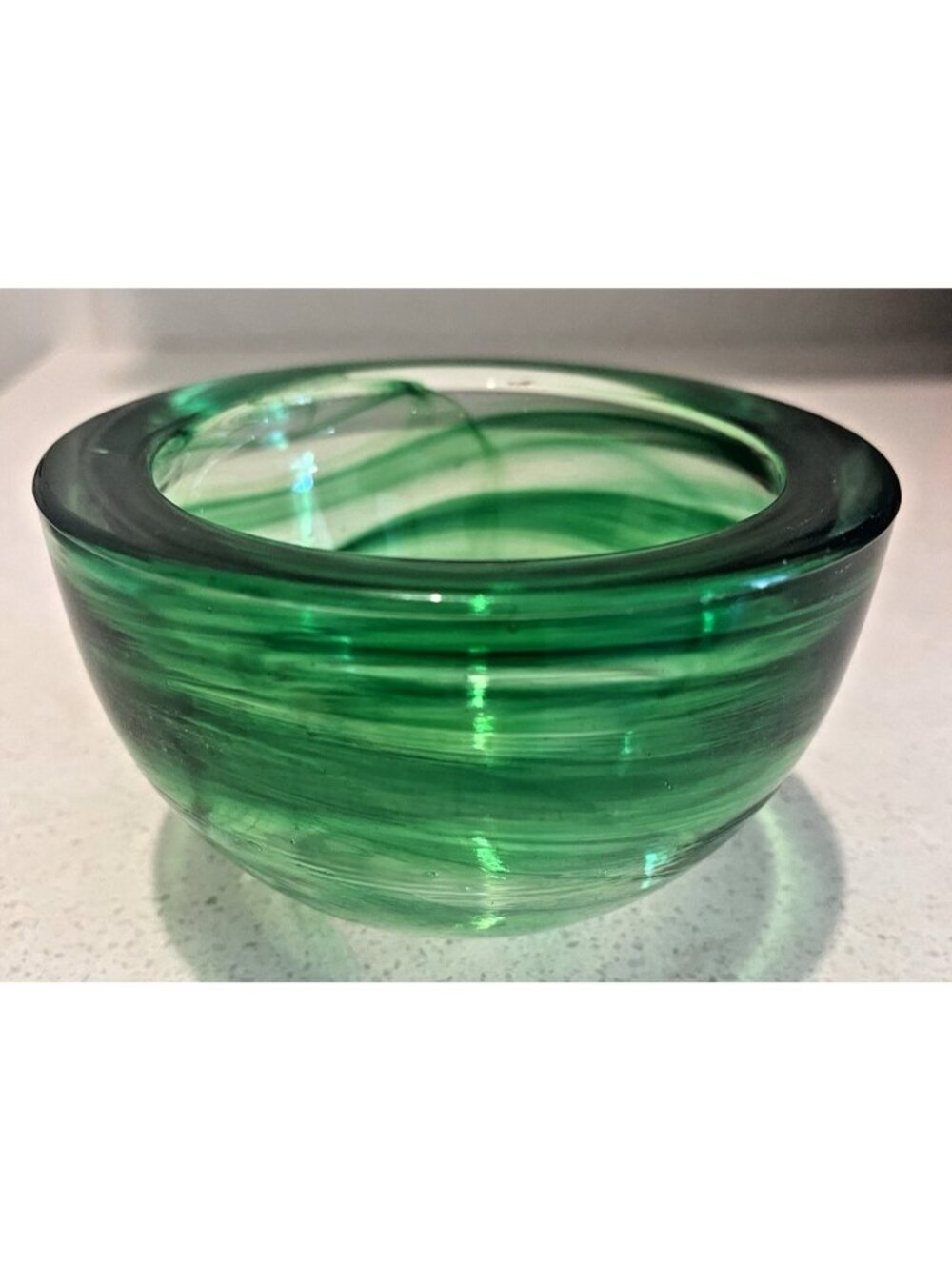 Mid Century Green Swirl Art Glass Heavy Bowl Console Decor 3" x 4" Candle holder